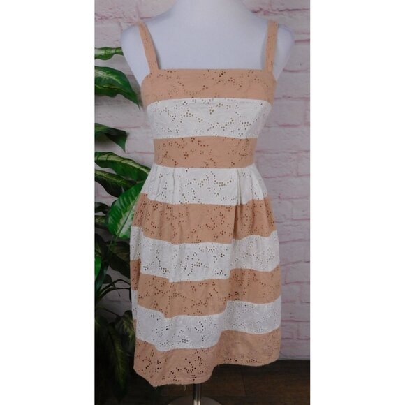 SALE LOFT Tan White Eyelet Dress Size 0 Cotton Lined Sundress Summer - Picture 1 of 12